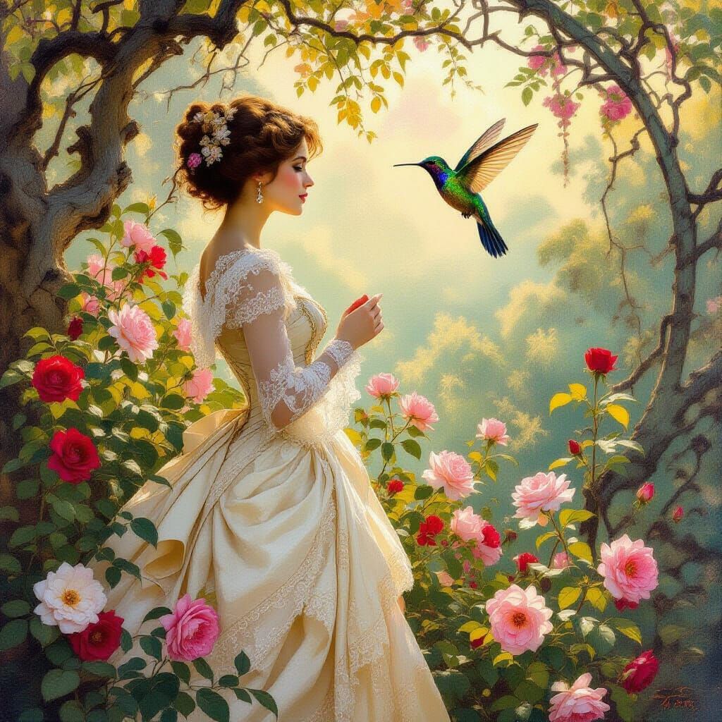 Victorian Woman in Rose Garden: An Exquisite Oil Painting