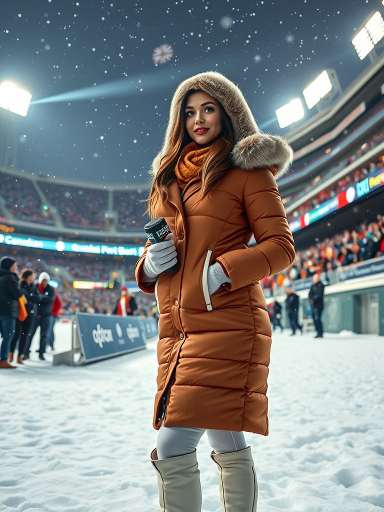 TV Reporter on Snowy Sidelines: Painterly Winter Scene