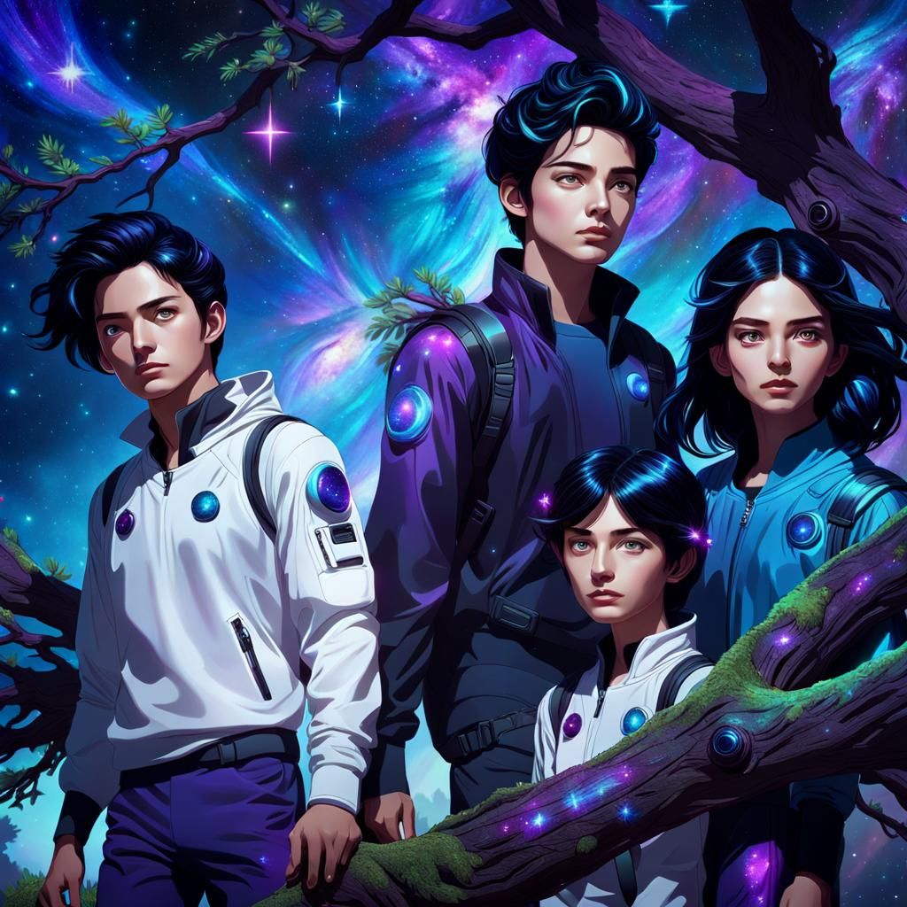 Cosmic Guardians on Starry Branch: Digital Art