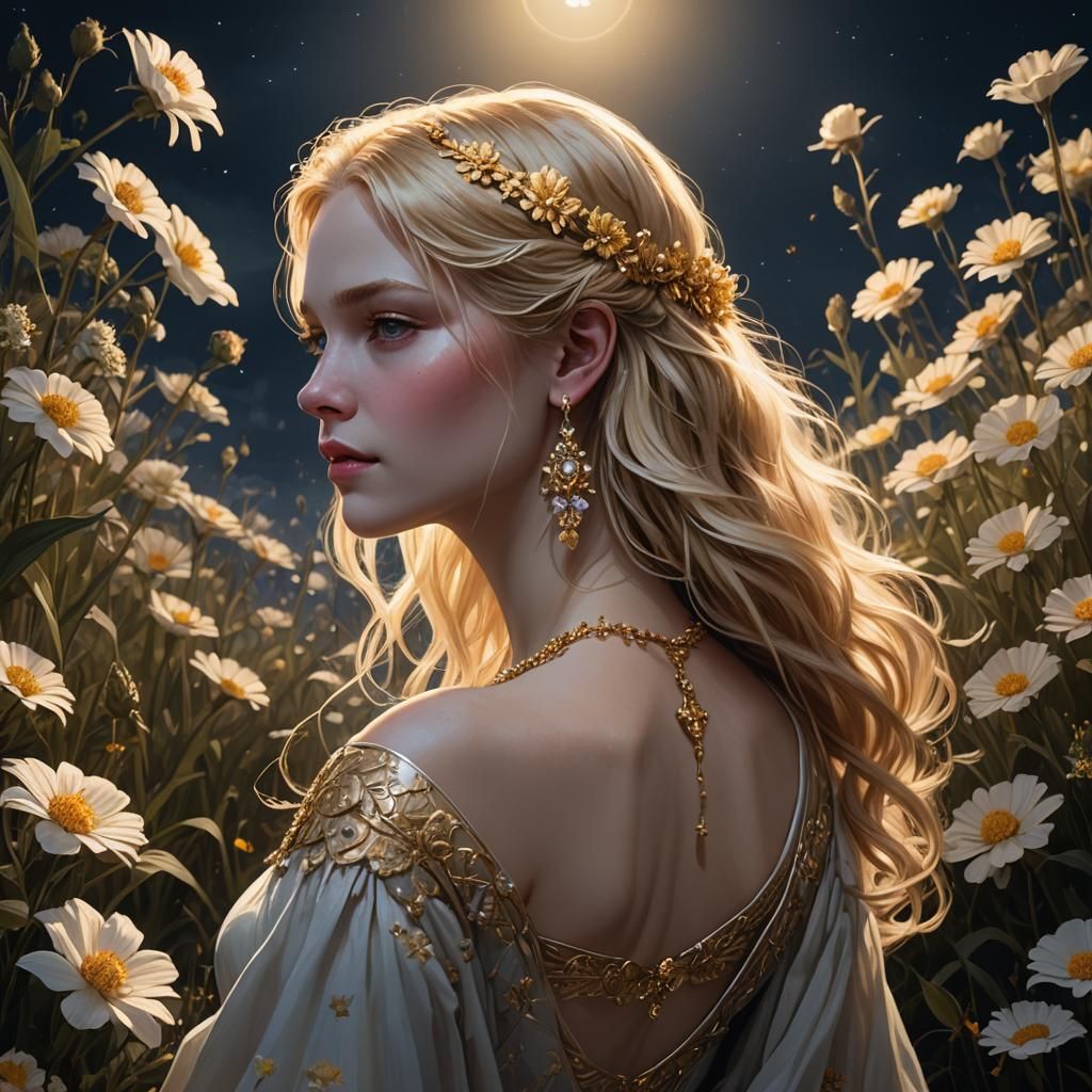Ethereal Demigoddess in Moonlit Flower Field