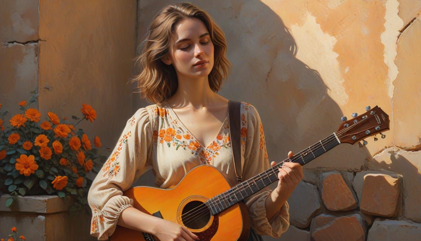Earthy Oil Painting of Woman with Guitar and Orange
