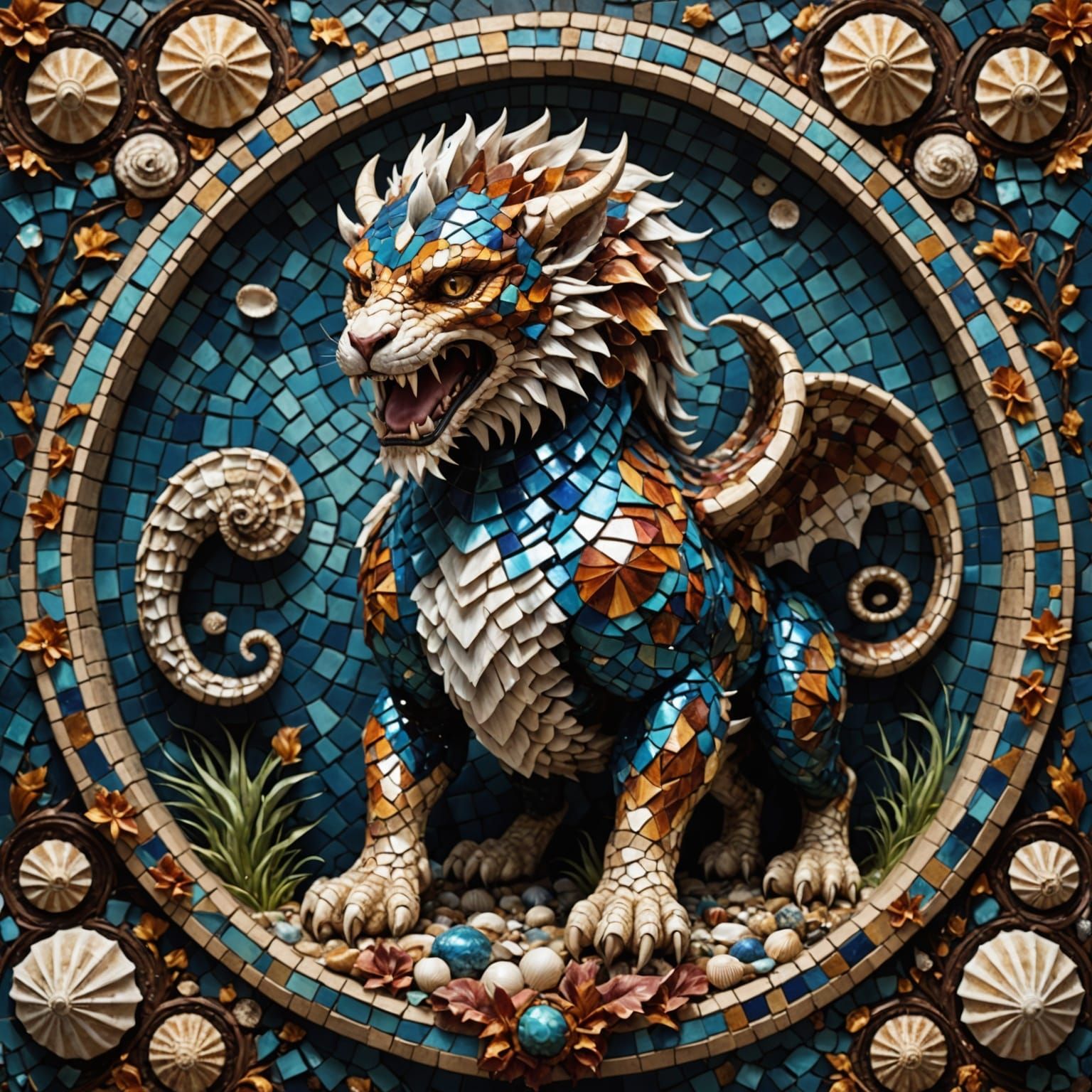 Mosaic of a Majestic Chimera in Vibrant Seashell Detail