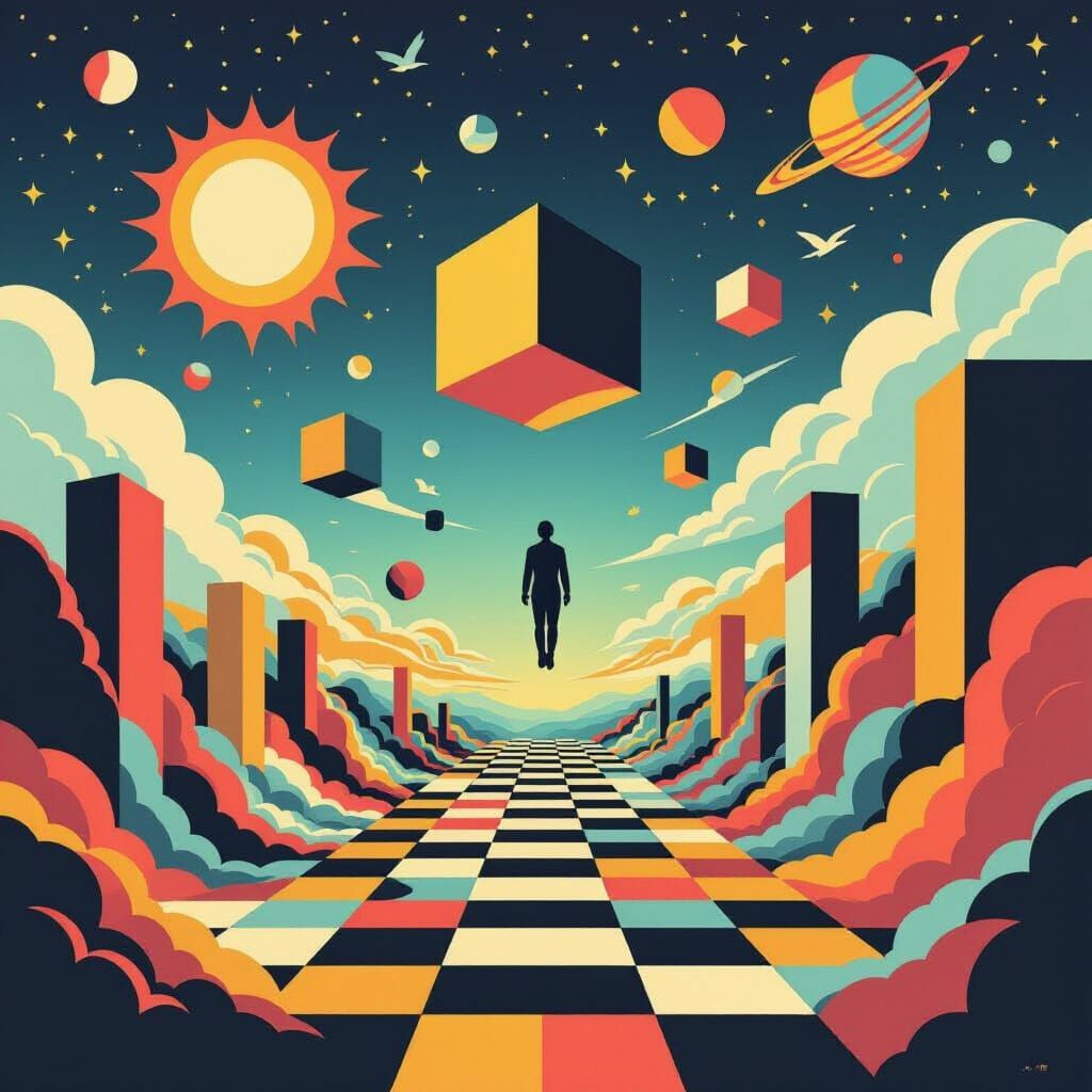 Surreal Landscape with Floating Architect and Geometric Stru...