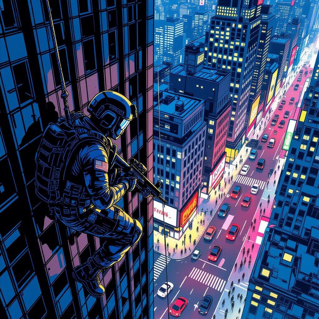Navy SEAL Rappels Down Skyscraper in Comic Book Style
