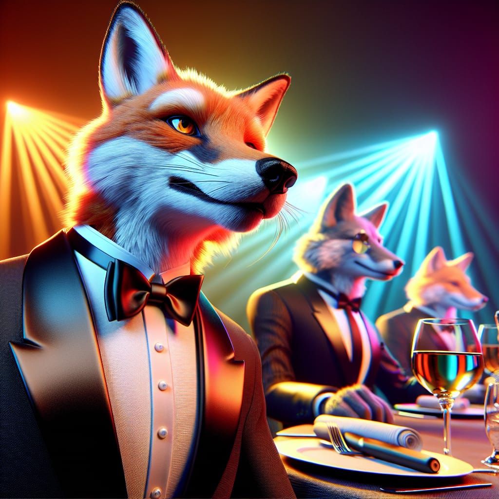 Elegant Fox in Tuxedo at Sophisticated Dinner Party