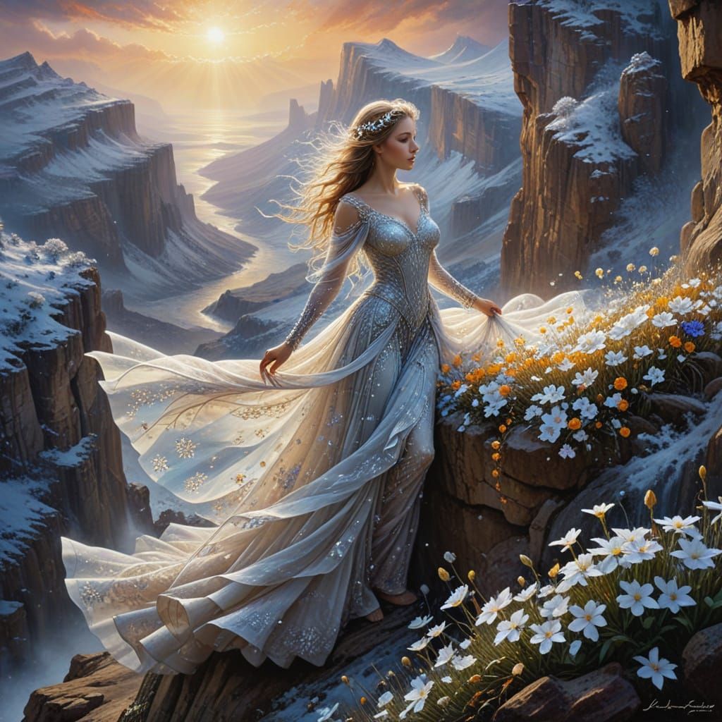Woman in Snowflake Gown Amidst Winter Sunset on Cliff