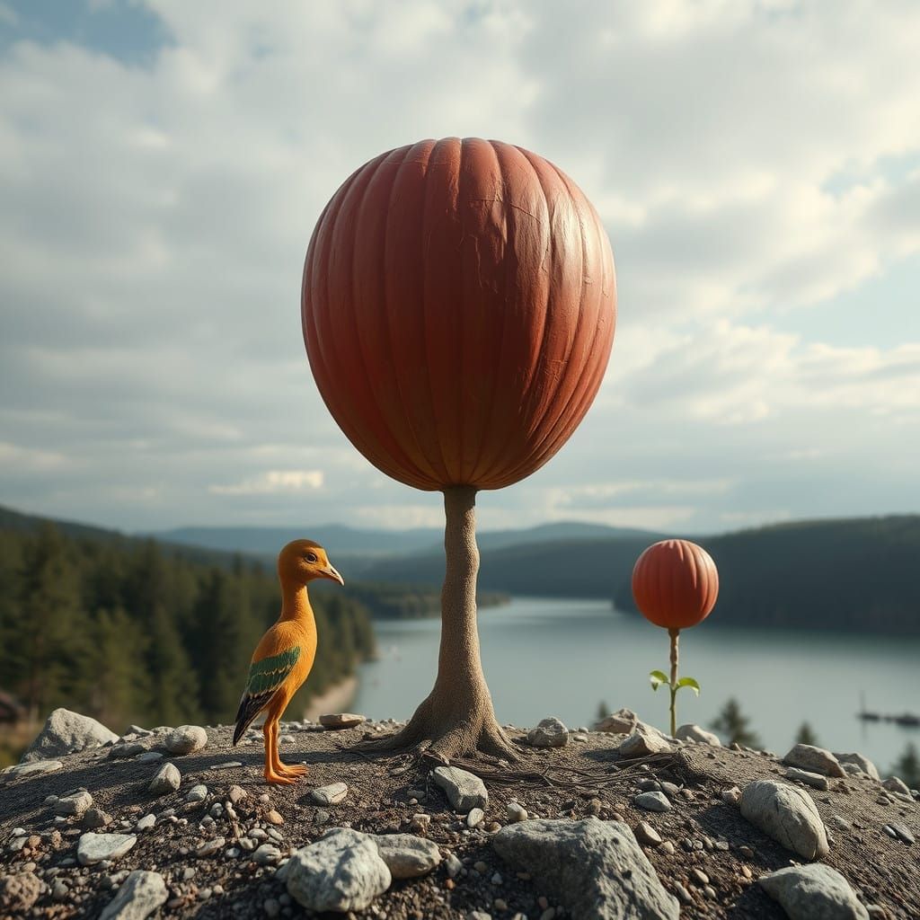 Surrealist Landscape: Giraffe Rises from Round Lake with Mys...