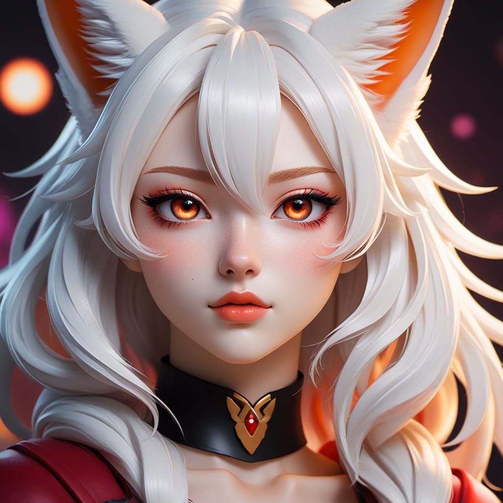 Stunning Anime Girl with Ruby Eyes and Fox Ears in Vibrant F...
