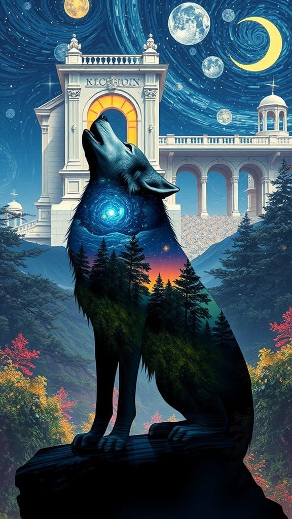 Surreal Wolf Howling in a Van Gogh Galaxy