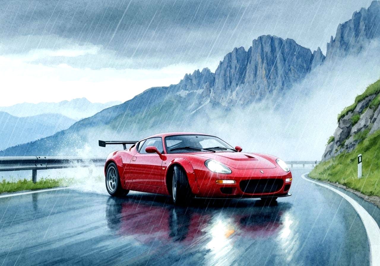 Retro Sports Car in Mountain Rain Watercolor Painting