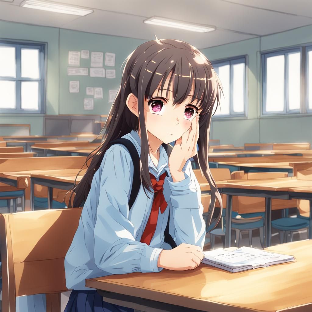 Nervous Girl's First Day: Anime-Style Illustration