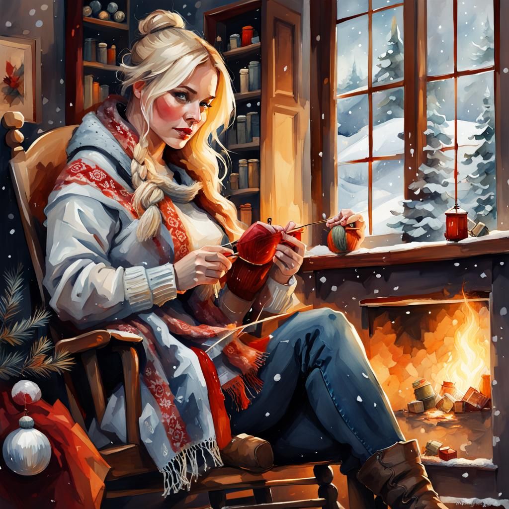 Cozy Winter: Woman Knitting a Christmas Stocking