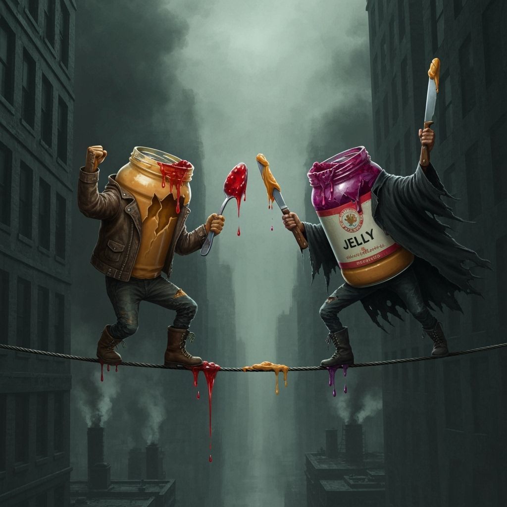 Peanut Butter Jelly Duel Above Dystopian Cityscape