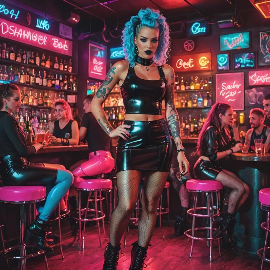 Goth Beauty in Latex Attire at a Dark Nightclub