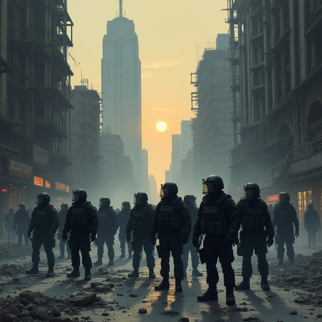 Dystopian Cityscape at Dusk, in a Cyberpunk Aesthetic