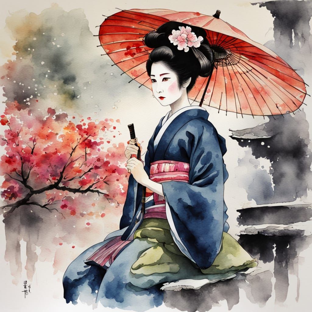 Geisha with Umbrella in Watercolour Style