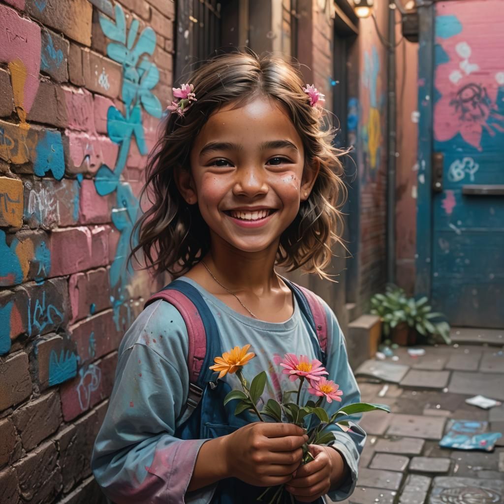 Orphan Girl's Hopeful Smile: Hyperrealistic Splash Art