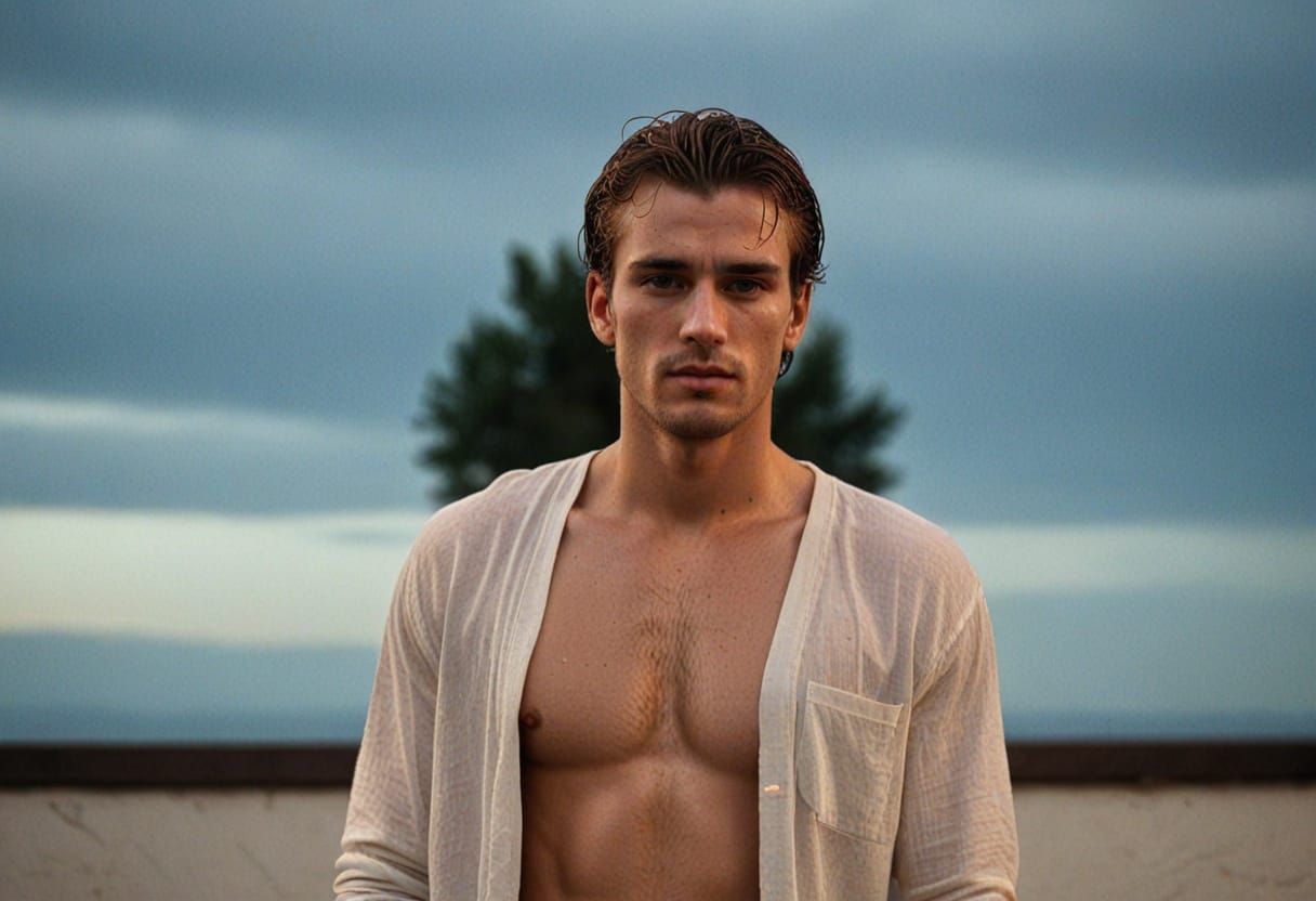 Hyperrealistic Portrait of a Fit Male in a Dimly Lit Room