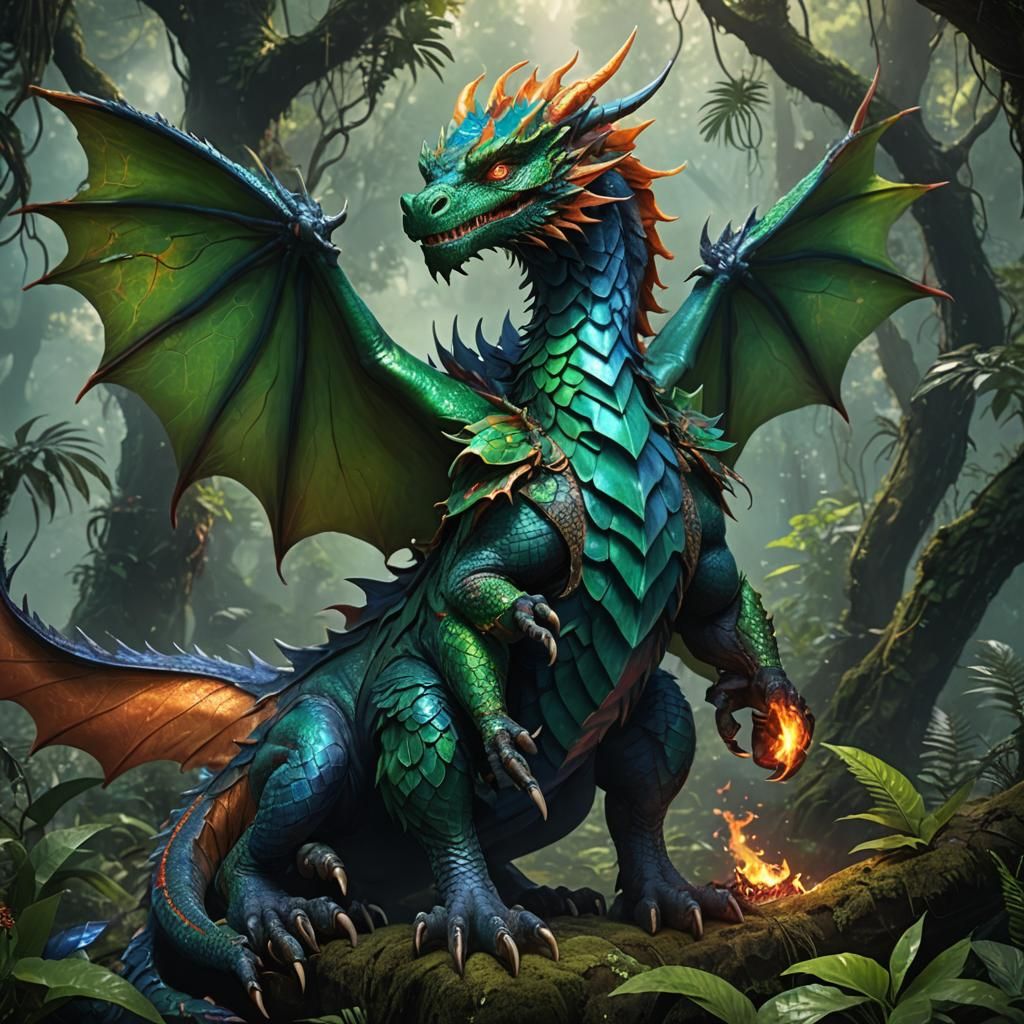 Emerald Dragon in Rainforest: Fantasy Concept Art
