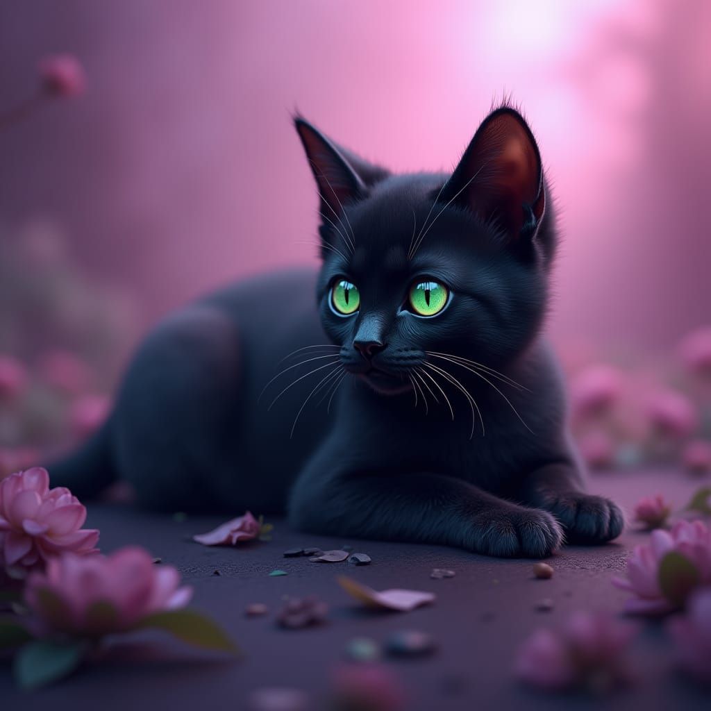 Adorable black kitten with luscious fur and striking green e...