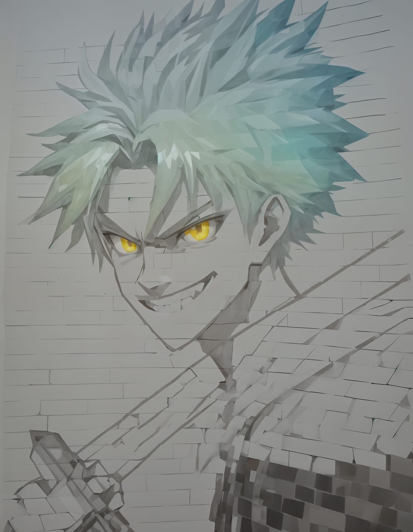 Anime Character with Radiant Sword in Mosaic Pixel Art