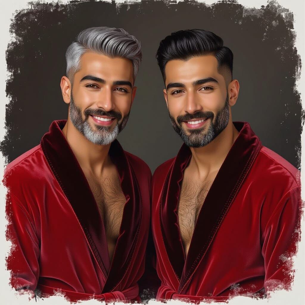 Two Handsome Men in Red Velvet Bathrobes, Alcohol Ink Style