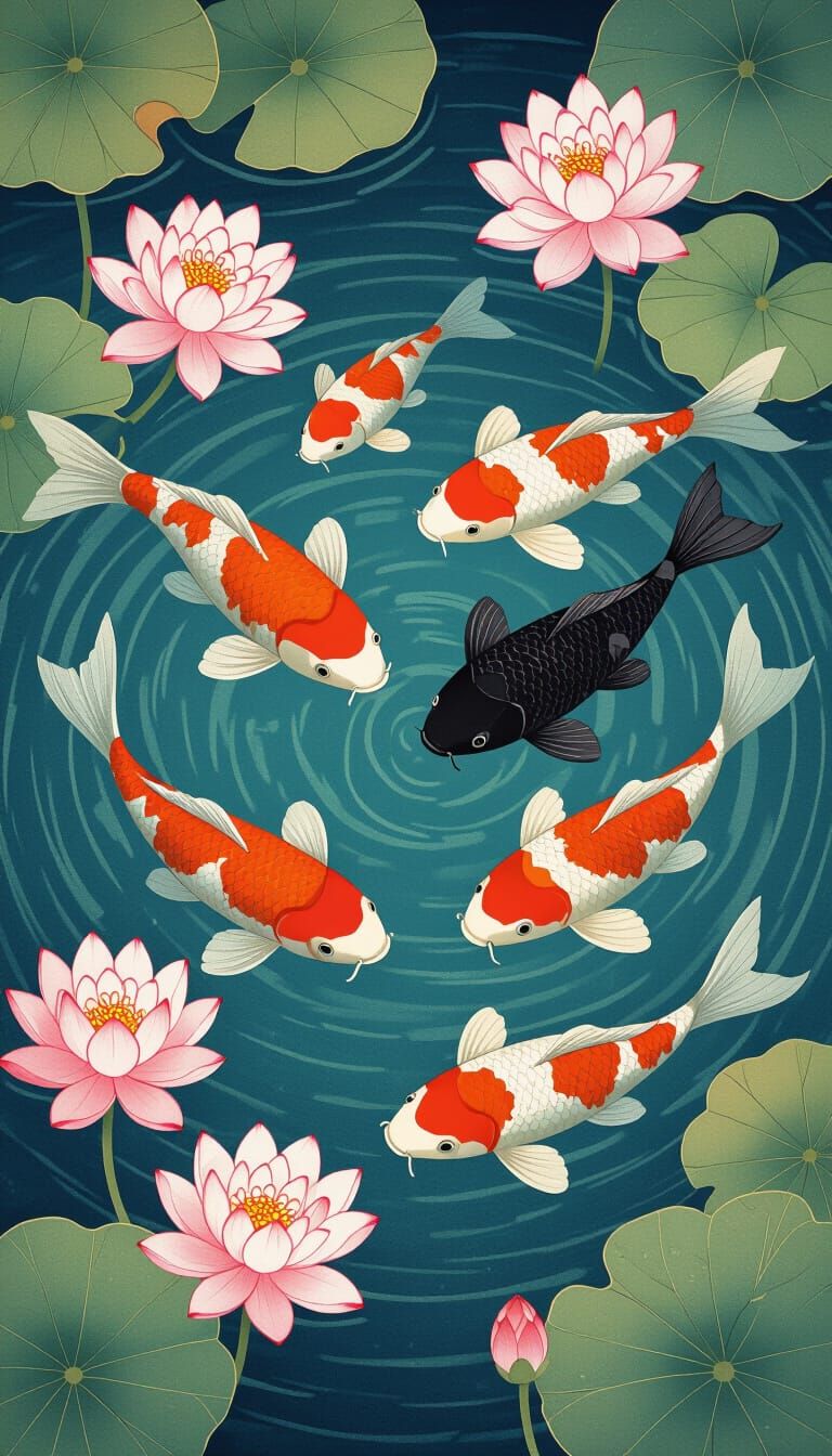 9 Koi Fish in Serene Pond, Japanese Feng Shui Art Style