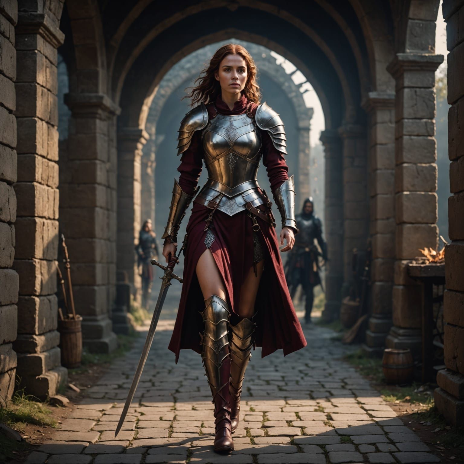 Hyperrealistic Warrior Queen in Burgundy Armor