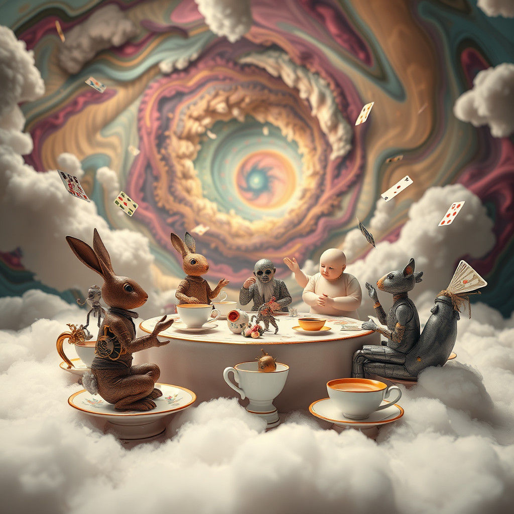 Whimsical Quantum Tea Party in Surrealist Style
