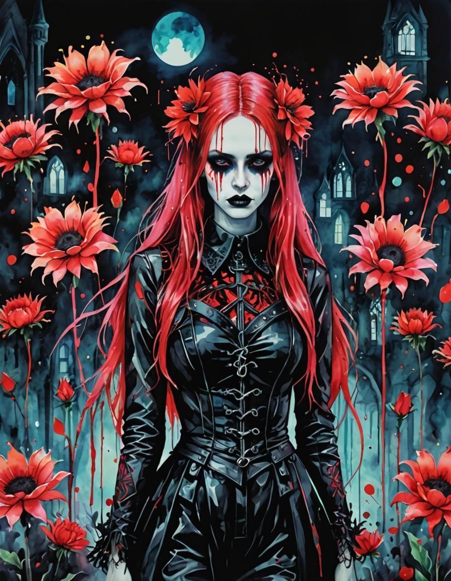 Neon Gothic Woman in Rainy, Bloody, Surreal Scene