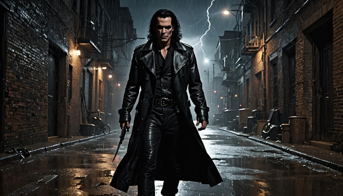 Eric Draven in Urban Alley During Lightning Storm