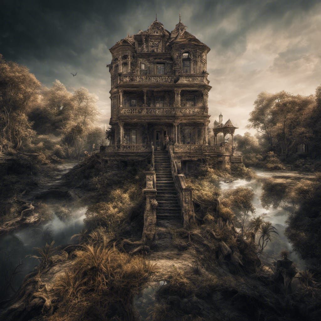 Hyperrealistic Swamp Mansion in Moody Lighting