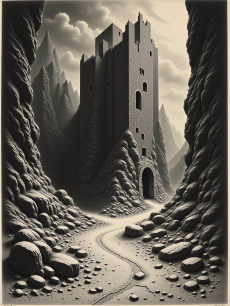 Desolate Palisade Structure in Ethereal Light, Mezzotint Sty...