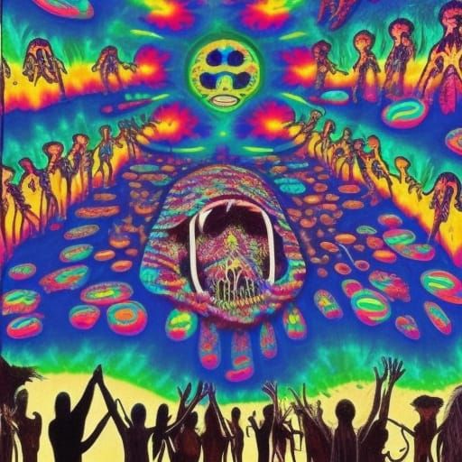 Psychedelic Hippie Gathering in Hyperrealistic Detail