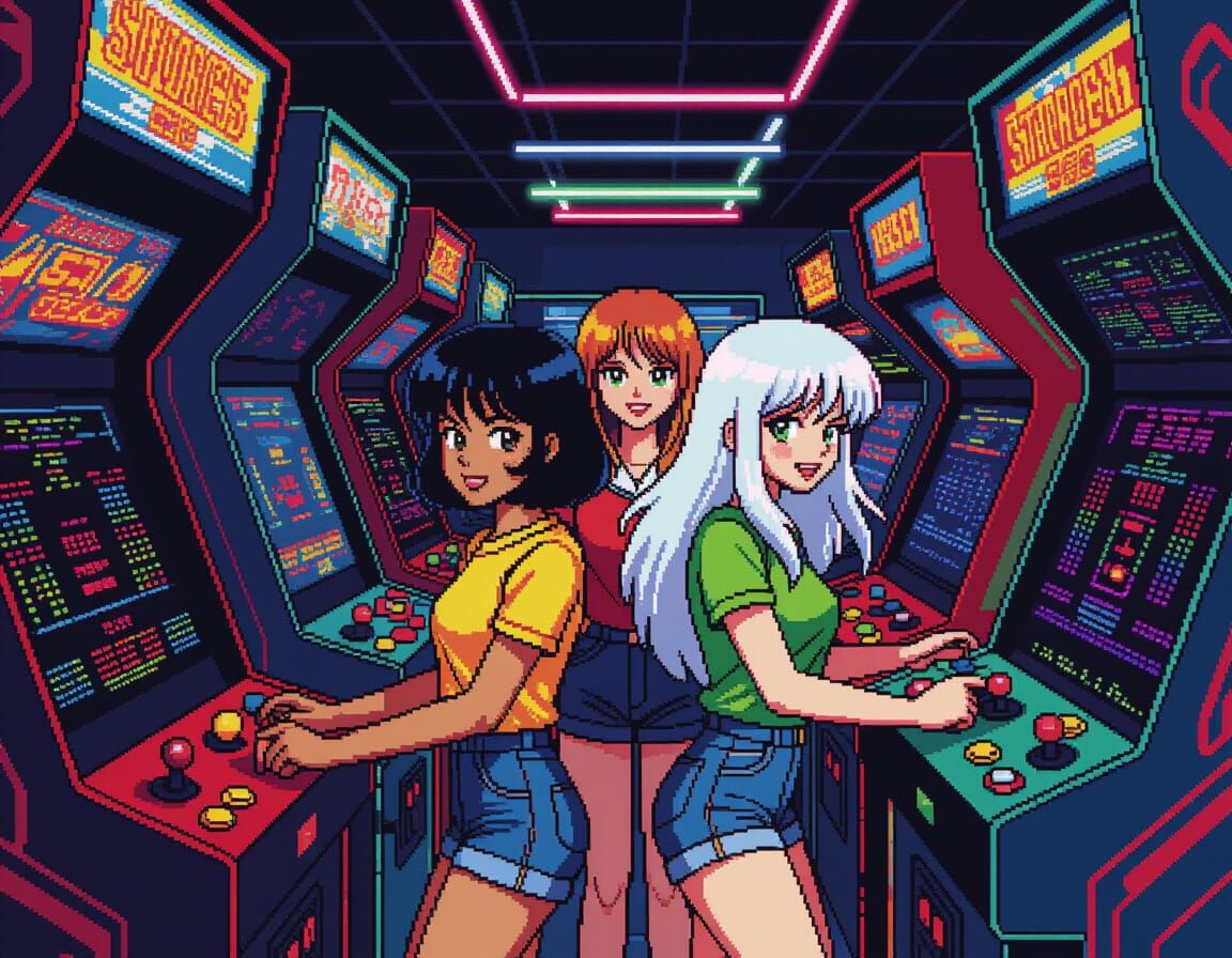 1980s Arcade Scene With Three Women Playing Games