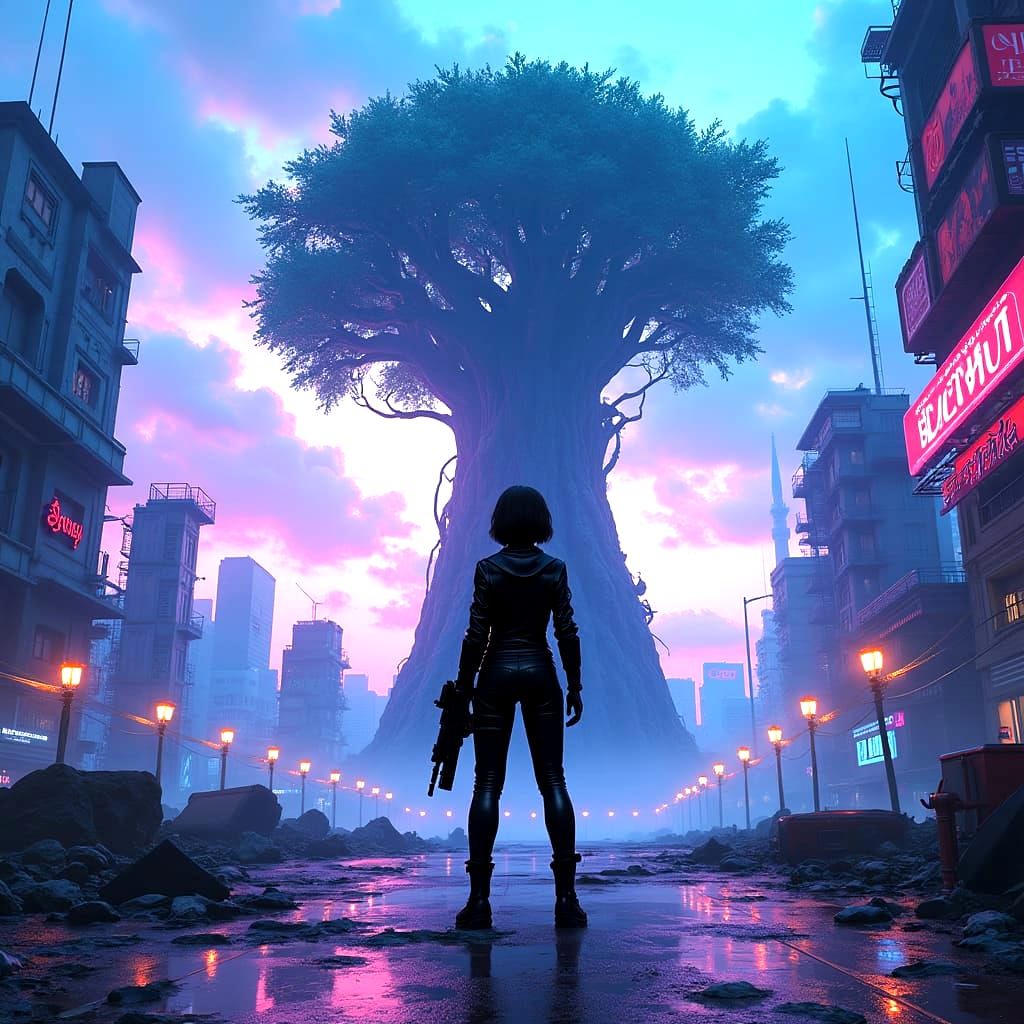 Futuristic Girl with Gun, Detailed Matte Painting