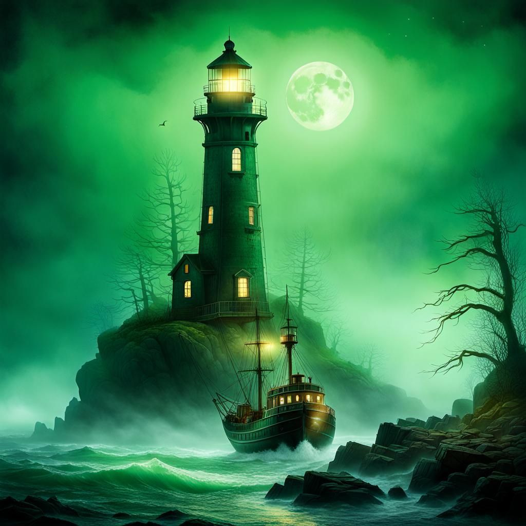 Eerie Ghost Ship at Lighthouse in Watercolor Style