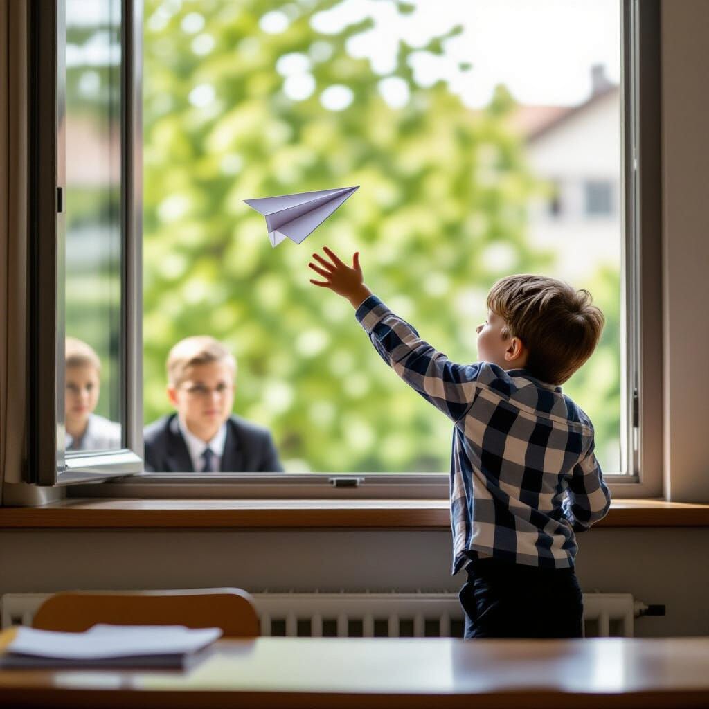 Boy Throws Paper Airplane, Caught by Principal Below