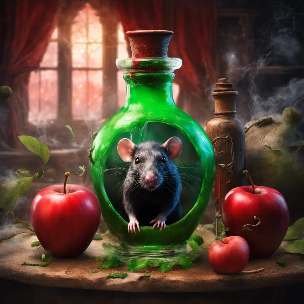 Intricate Potion Bottle with Rat and Poison Apple