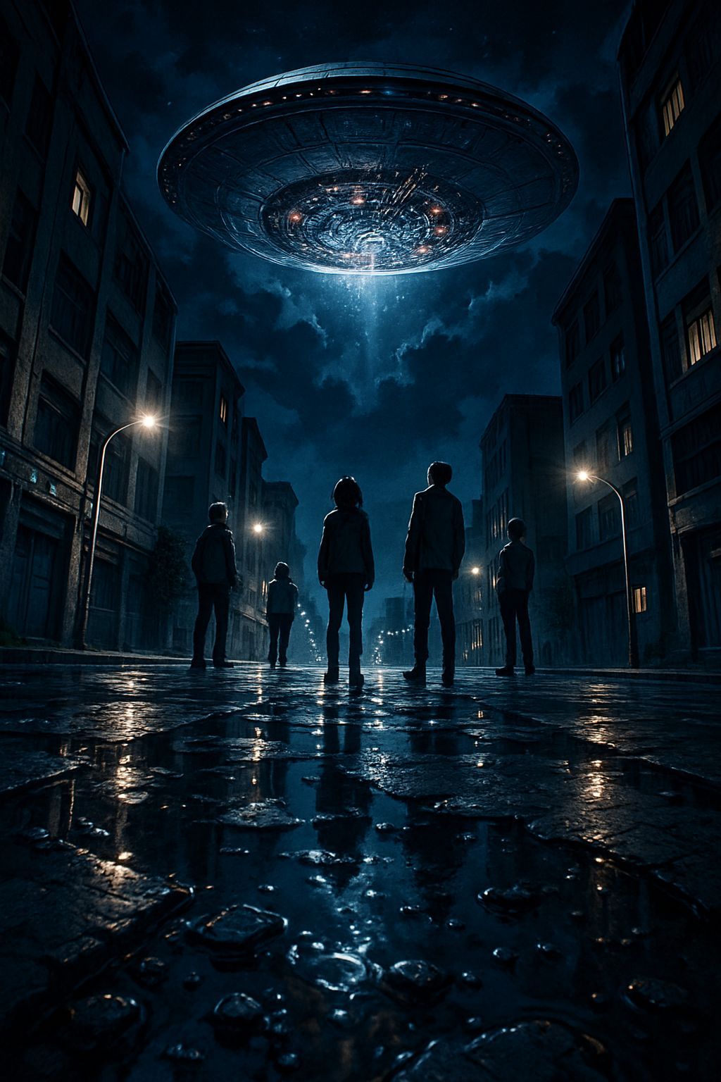 Anime City Street Under Alien Spaceship