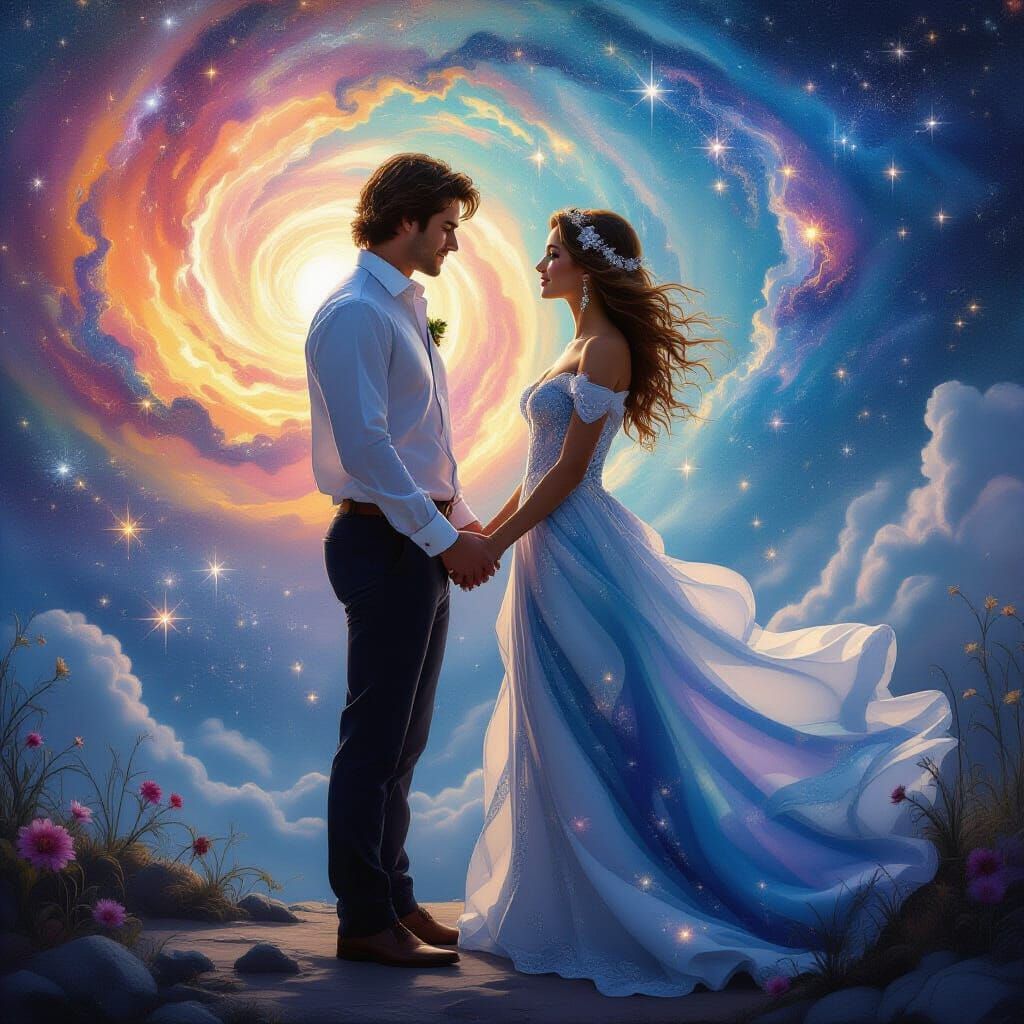Couple Holding Hands Against Cosmic Galaxy Backdrop