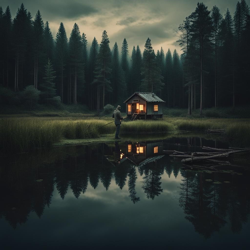 Cinematic Man Fishing in Dark Forest Pond