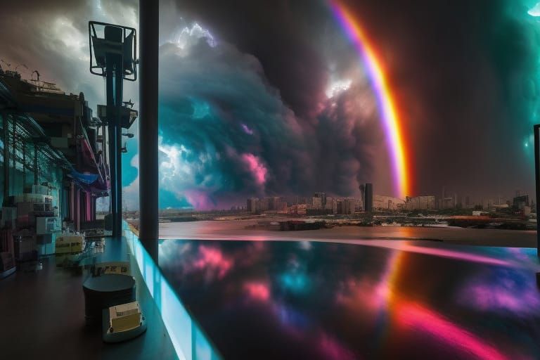 Rainbow Storm Over Cyberpunk City Ruins