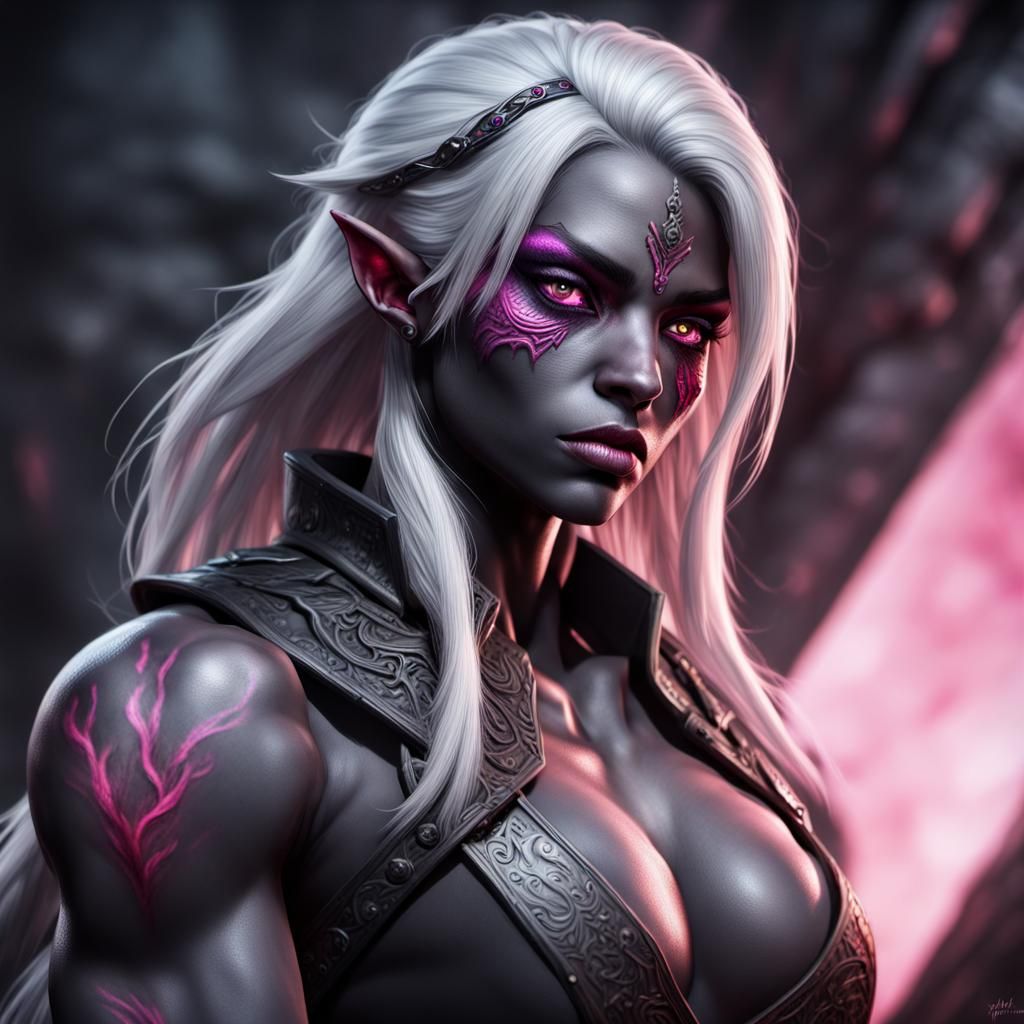 Hyperrealistic Drow Rogue with Pink Eyes