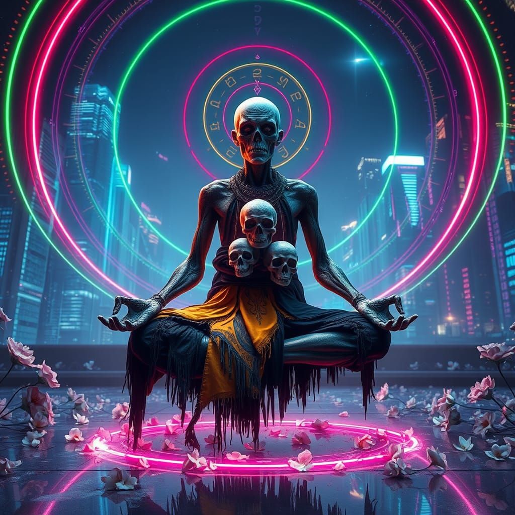 A Necromancer levitating while meditating