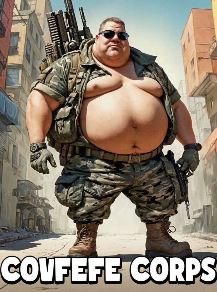 Comic Art Caricature of Overweight Militia Man with Weapon