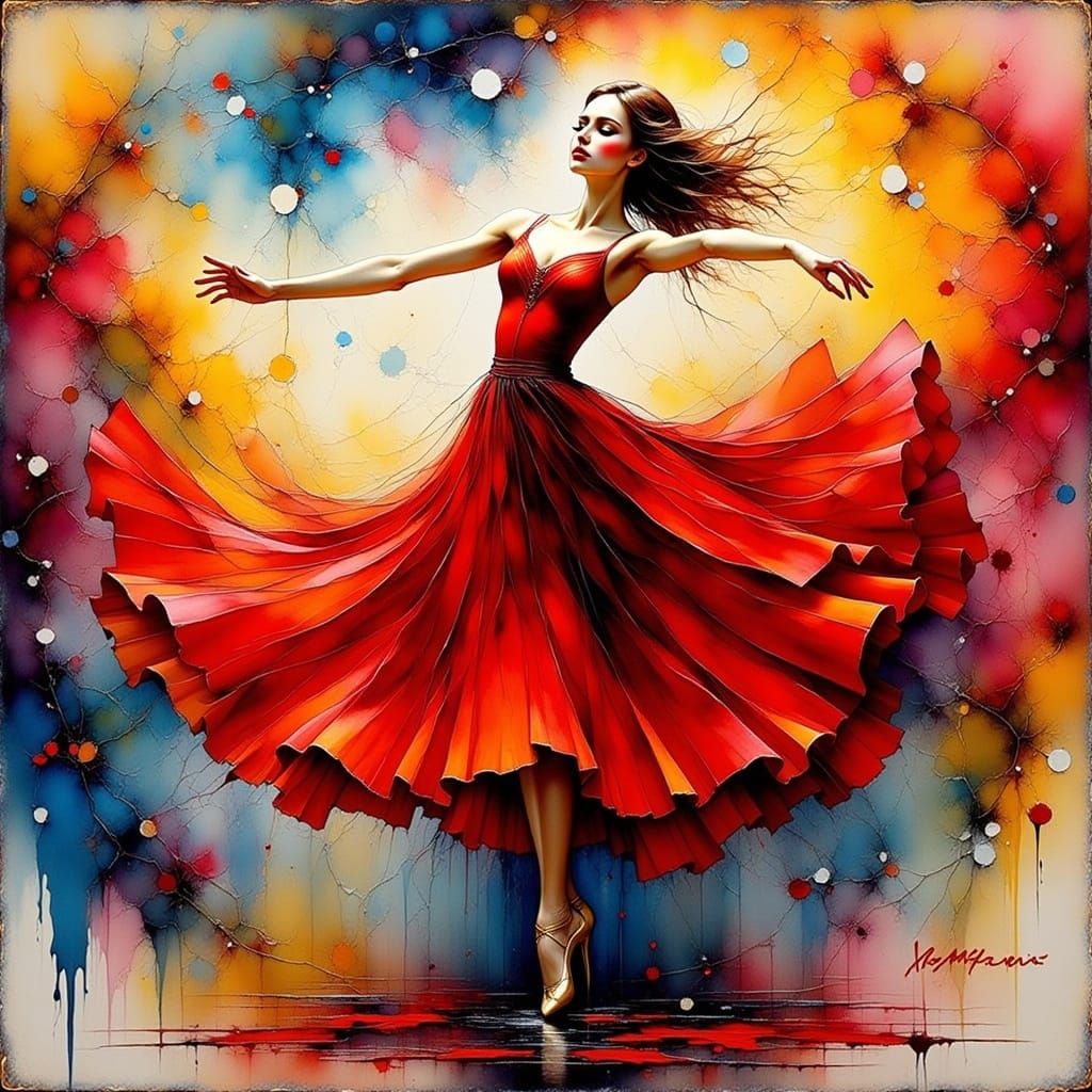 Dynamic Red Dancer in Expressive Artistic Style