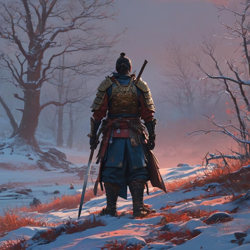 Grieving Samurai Warrior in Sunset: Fantasy Art
