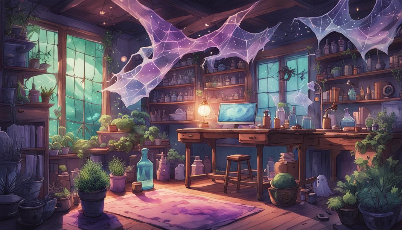 Whimsical Witchy Desk in Anime Watercolor Style