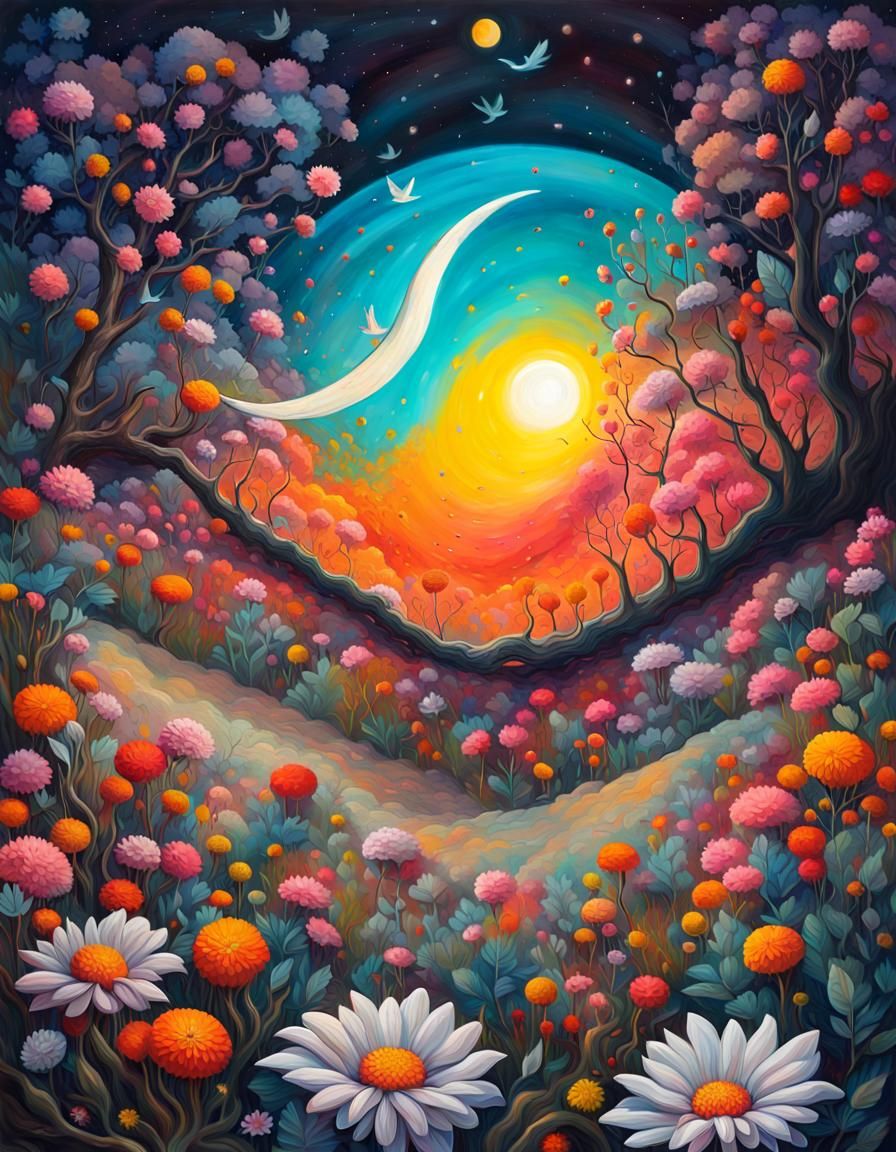 Vivid Night Garden in Neo-Impressionist Graffiti Art Style